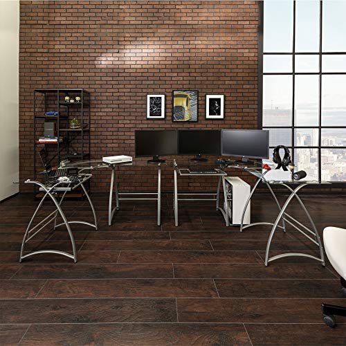 Walker Edison Modern Corner L Shaped Glass Computer Writing Gaming Gamer Command Center Workstation Desk Home Office, 51 Inch, Silver