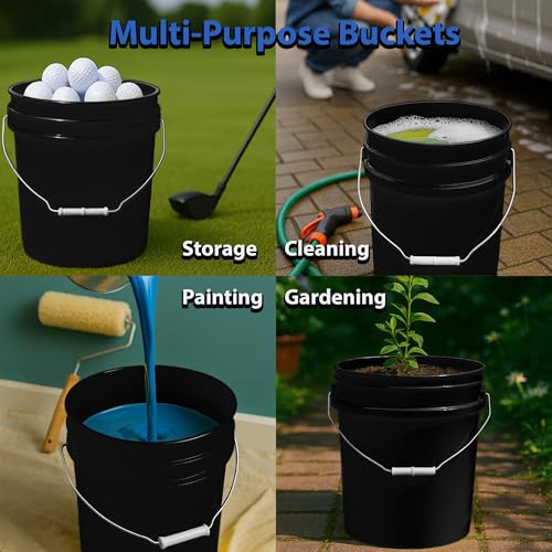 Image of MKS Plastics 5-Gallon Bucket with Airtight Lid - Made in USA, Food Grade BPA Free Plastic, Heavy Duty Multi-Use, Metal Handle with Grip, Stackable Storage - Black, 5 Pack