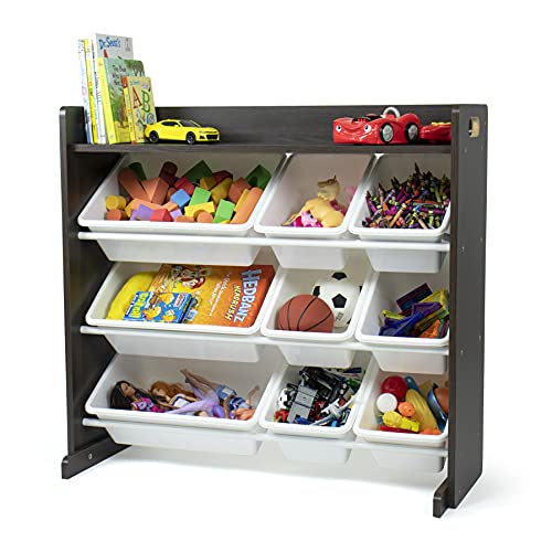 Image of Humble Crew Toy Storage Organizer with Top Shelf and 9 Removable Bins, Espresso/White – Toddler Bookshelf with Toy Organizer - Modern Toy Rack Ideal for Kids' Rooms, Playrooms, and Nurseries
