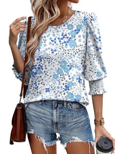 Image of XIEERDUO Blouses for Women Dressy Casual 3 /4 Length Sleeve Womens Tops with Smocked Cuffs