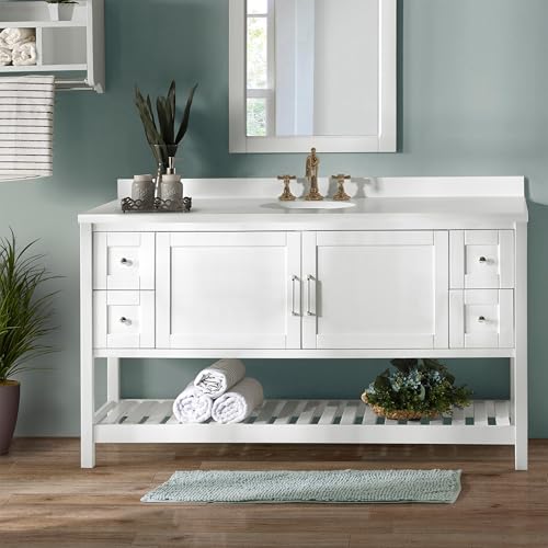 Image of Alaterre Furniture Bennet Bathroom Vanity Cabinet with Soft-Close Shaker Doors and Open Shelf - 60-Inch Freestanding Bathroom Vanity Without Sink - Wood Bathroom Sink Base Cabinet (White)