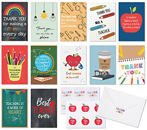 12 Teacher Appreciation Cards with Envelopes, Stickers & Message Inside, 4×6 in Assorted Thank You Cards for Teachers, Greeting Cards for Teachers Day, Teachers Appreciation Week & Back To School