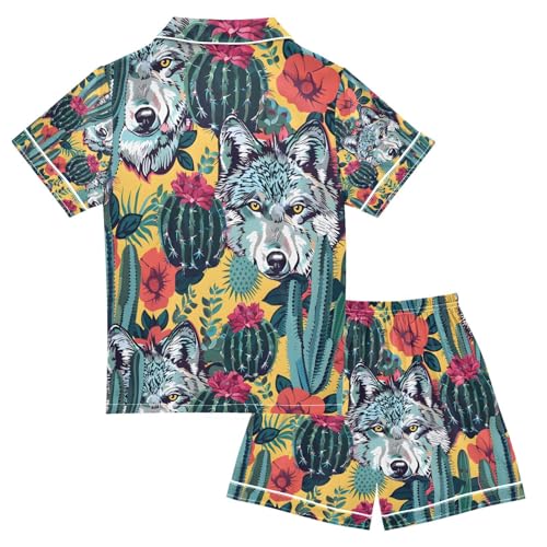 senya Wolfs Face Cacti Bright Colors Satin Summer Pajama Sets Silk Short Sleeve Button Down Sleepwear2