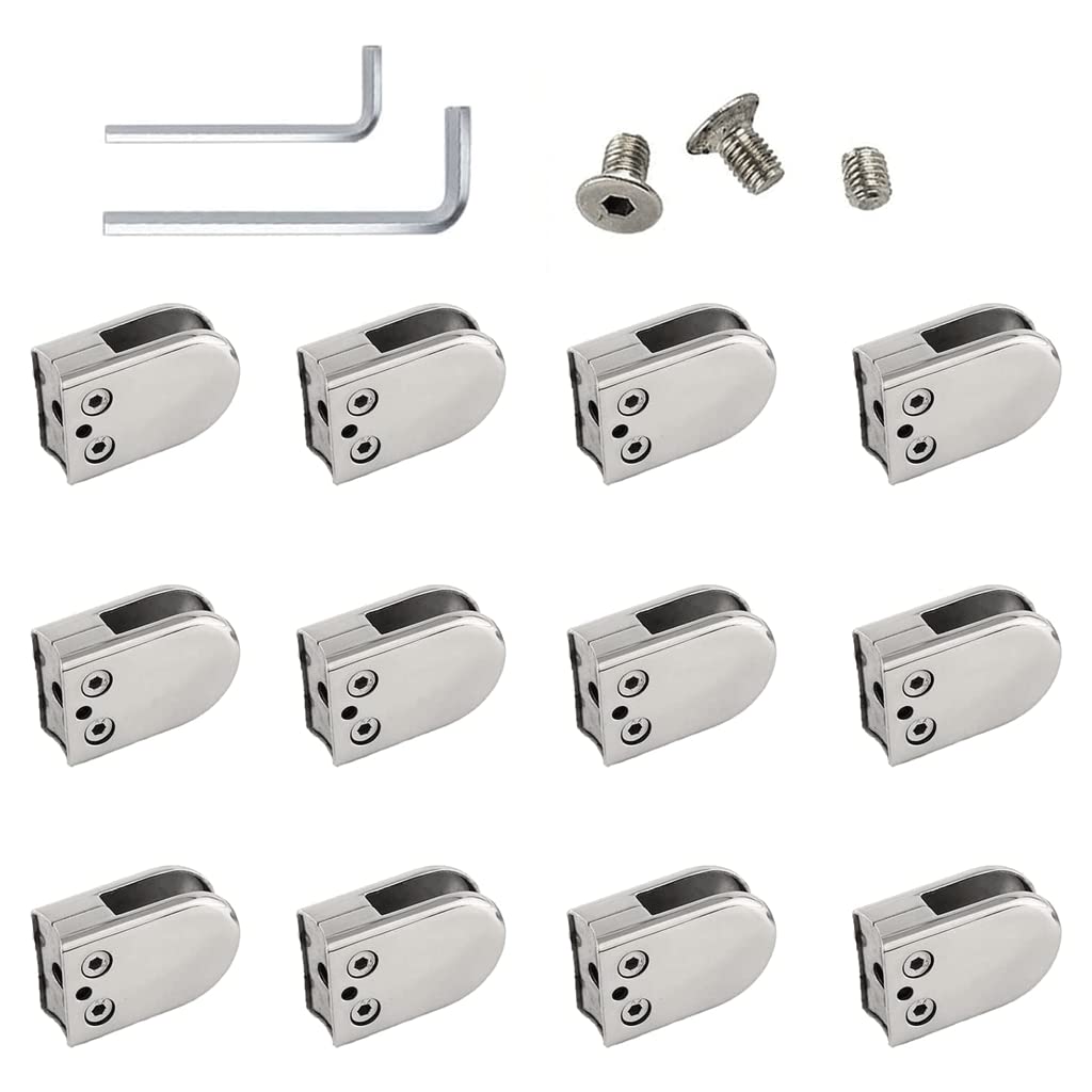 KUCEDXJTE 12pcs Glass Clamps Stainless Steel 304 Adjustable Glass Clips 10~12mm for Railing Stairs Glass Shelf Clamp More Reliable,Glass Railing Clips(6~8mm)