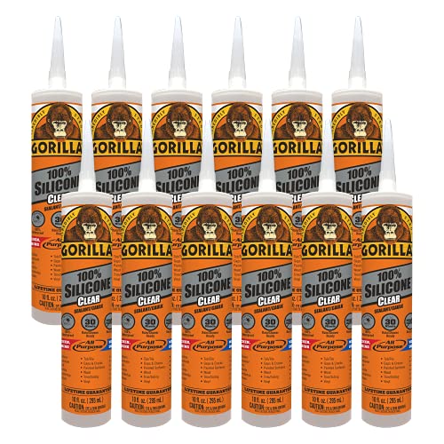 Image of Gorilla Clear 100% Silicone Sealant Caulk, 10 Ounce Cartridge, Clear, (Pack of 12)