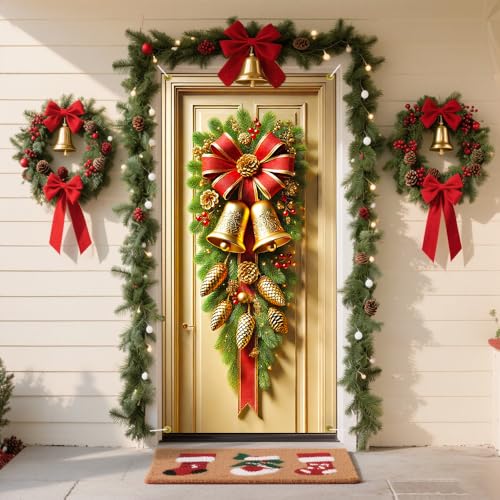 Image of Vertical Pine Swag Door Cover, Red Bow Gold Bell Christmas Front Door Decorations, Pine Cone Holiday Door Banner, Tall Winter Home Entrance Decor, 35.43 x 70.87 Inch
