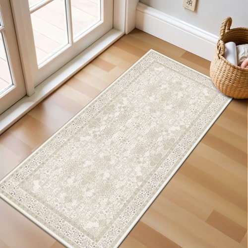 YAMEIJING Entryway Runner Rugs Kitchen Mat 2x4 Pinkish Ivory Beige - Non-Slip Washable Soft Stain & Spill Resistant Distressed Vintage Small Rug - Low-Pile Thin Carpet for Hallway Bathroom Bedroom