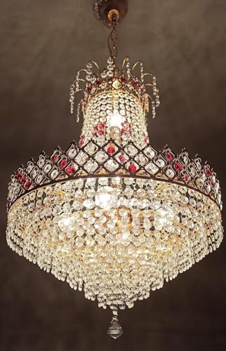 Image of ONFLOW AETERNA LUX Empire Crystal Chandelier with Ruby Red Accents - 32 inch Diameter x 45 inch Height - Elegant Gold Finish Hanging Ceiling Light for Living Room, Dining Hall, and Hotel Lobby (RED Shot)