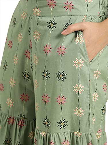 Image of Juniper Pistagreen Cambric Mexican Print Flared Tunic Sharara Set With Mask