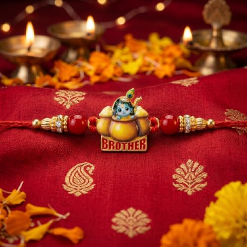 Image of Cartoon Kanha Bal Krishna and Car Rakhi for Baby /Kids Brother /Sister | Combo for Kids | Rakhi with Greeting Card & Roli Chawal