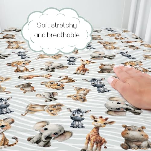 Image of HawSkgFub Safari Jungle African Animals Fitted Standard Baby Crib Sheet Boy Girl, Giraffe Lion Tiger Elephant Zebra Toddler Mattress Cover, Soft Stretchy Nursery Bed Sheets Decor Kids Gift 52 inch x 28 inch