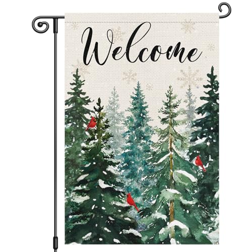 Louise Maelys Winter Garden Flag Christmas Fir Tree Cardinal Snowflake 12x18 Inch Double Sided Welcome Xmas Holiday Seasonal Small Burlap Yard Sign Outdoor House Decoration