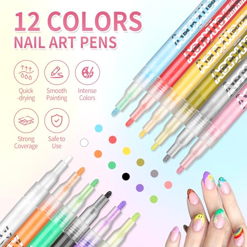 LZXLUKGIR Nail Art Pens for Painting Nails,12 Colors Nail Polish Pens Quick Dry,3D Acrylic Nail Art Markers,Manicure Tools Design Kit for Home Salon