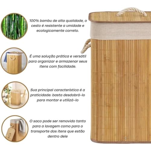 Cesto De Roupa Suja 60 Litros Bambu Com Alça Dobravel Retangular