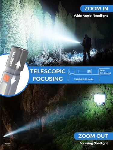 Image of Rechargeable Torch Light with Side Lantern, 2-in-1 LED Flashlight Recharrgeable Torch with Hook, Zoomable Focus, USB Rechargeable Flash Light for Camping, Emergency, Home & Outdoor Use