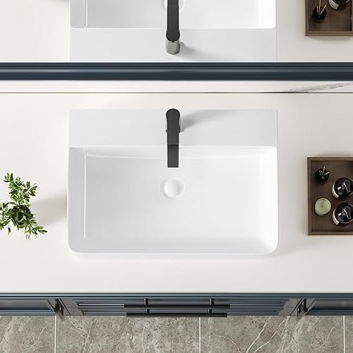 Miniatura 25 de KINGWONG Fregadero de encimera de 24 pulgadas para baño, lavabos de baño rectangulares modernos, poco profundos, de porcelana de cerámica blanca