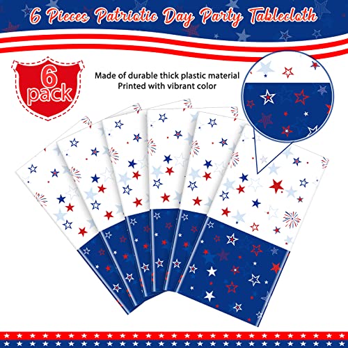 Image of 6 Pack Patriotic Tablecloth Decorations for 4th of July Independence Day, Plastic Memorial Day Table Cover Printed with Stars and Fireworks for Patriotic Themed Party Supplies, 54 x 108 Inch