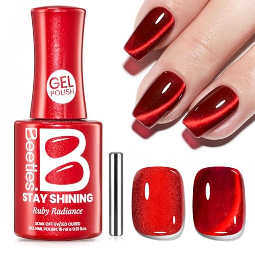 Image of Beetles Stay Shining Ruby Radiance Red Cat Eye Gel Nail Polish - 15ML Red Cat Eye Glitter Gel Polish Magnetic Shimmer Effect Soak Off UV Design Salon DIY Manicure Gifts for Women