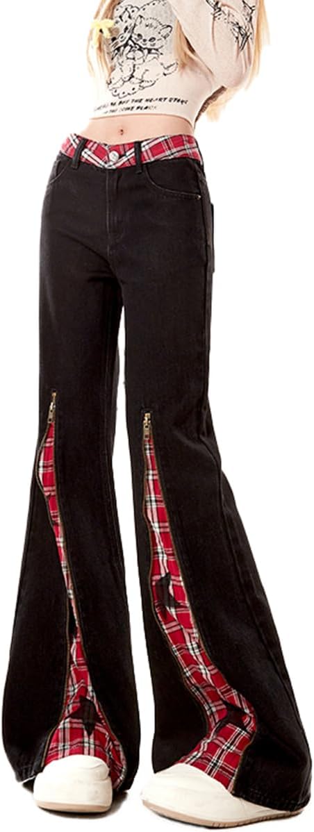Gothic Fashion Womens Jeans Y2K Casual High Waist Straight Star Plaid Spliced Zipper Leg Flared Denim Pants - Image 6