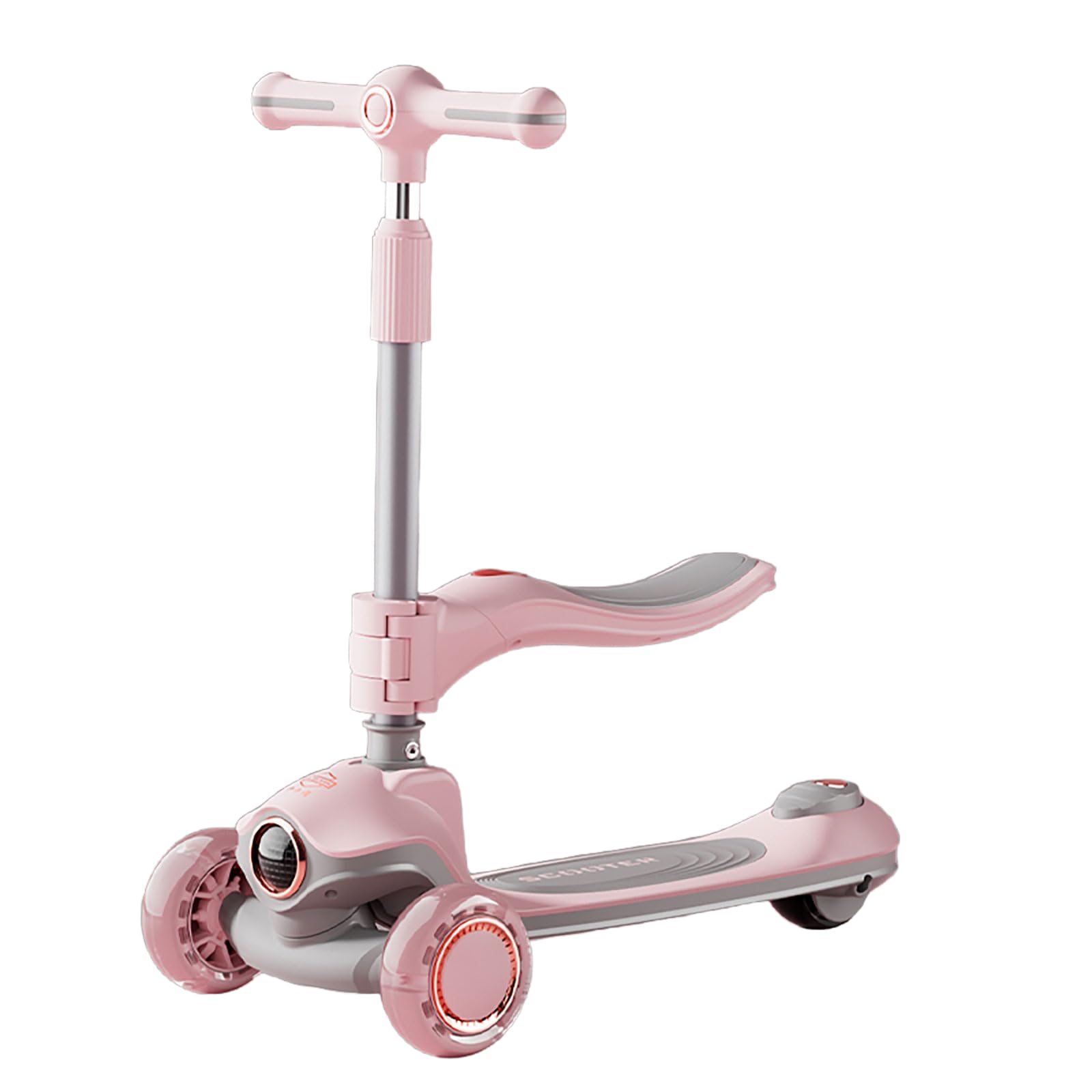 GASENDALA 3-in-1 Kids Scooter with Foldable Seat, Flashing LED Wheels & Music, Adjustable Height Kick Scooter for Boys Girls Aged 2-8, Light Up Toddler Scooter - Pink/Black (Cherry pink)