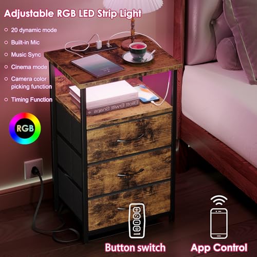 Image of Fixwal Night Stand with Charging Station, LED Nightstand with Fabric Drawers, End Table with PU Finish, Bed Side Table, Rustic Brown (Pack of 2)