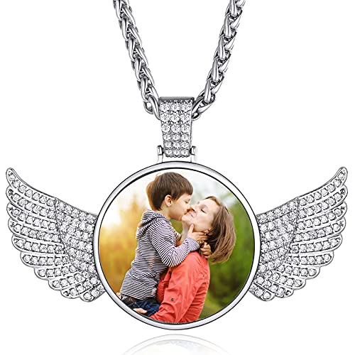 Custom4U Picture Necklace Personalized Photo for Men Women Steel/18K Gold Plated/Black Custom Angel Wings/Heart Pendant Necklace with Picture Memory Iced Out Chain 18-30 Inch,Hip Hop Jewelry+Gift Box
