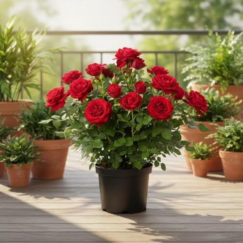 Image of Live Climbing Red Rose Plant with Plastic Pot, Creeping, Rambling, Ornamental, Vining, Fragrant, Trailing Flower (ROSE FLOWER PLANT) (FLOWER PLANT) (RED CLIMBING ROSE)