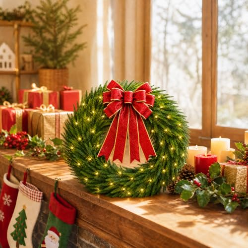 Pinkpum 26" Real Touch Cedar Christmas Wreath with Lights & Bow - image 3