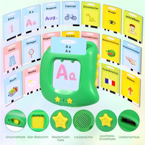 Sprechende Lernkarten Deutsch Lernspielzeug 384 Wörtern Sprechen Lernen Flash Karten Deutsch Lernspiele Sprachspiele Spielzeug ab 2 3 4 5 Jahre, Lernen Alphabet Zahlen Farben Tier Talking Flash Cards