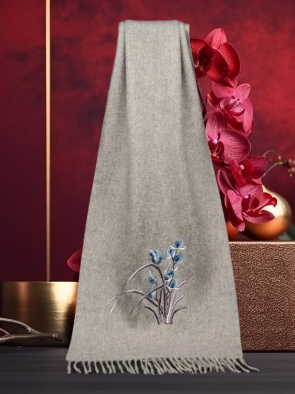 Cashmere Donna Autunno e Inverno Ricamato a Mano Orchidea Caldo e Morbido Lungo Scialle (Grigio)