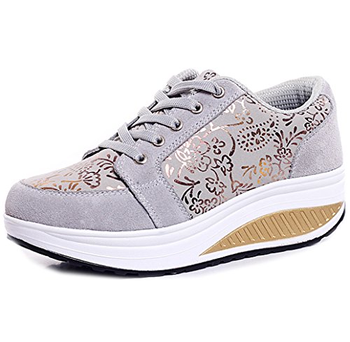 Solshine Damen Fashion Plateau Schnürer Sneakers Dämpfung Keilabsatz Fitnessschuhe 016 Grau3 38EU