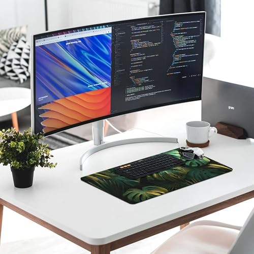 Image of Tropical Palm Leaves Extended Gaming Mouse Pad, with Stitched Edges Large Mouse Pad Desk Protector, Rubber Base Mousepad Keyboard Mouses Mat for Work Game Office Home- 32 inch X 16 inch Inch