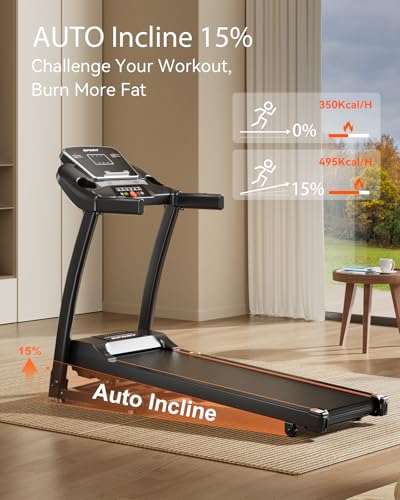 Treadmill with Incline, Treadmills for Home, 0-15% Auto Incline, 3.0HP Folding Treadmills for Running Walking with 300 LBS Weight Capacity, Bluetooth & Heart Rate Sensors, Hydraulic Folding - Image 3