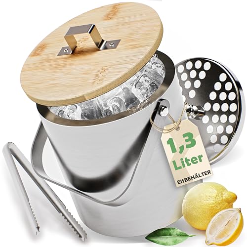 Rebelnomading Cubitera con tapa de bambú y pinzas, 1,3 L, grande, para cubitos de hielo, cubo de hielo con tapa, cubo de acero inoxidable