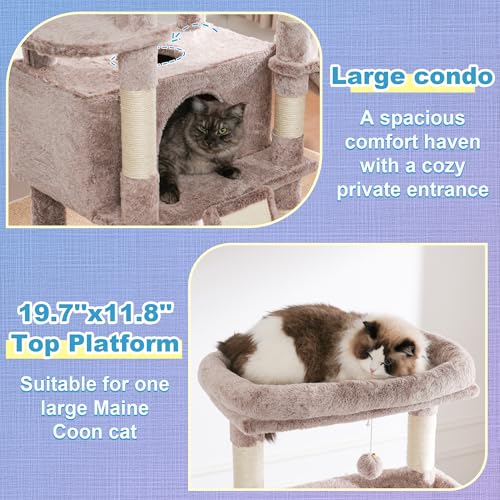 Image of Hey-brother Cat Tree Tower, Scratching Posts with Extra Large Platform and Basket, Specious Condo, 2 Cozy Hammocks, Scratch Board for Indoor Adult Cats, Maine Coon 71.7 inches, Muchroom MPJ080MU