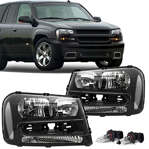 JSBOYAT Headlight Assembly Replacement with Bulbs Included for 2002-2009 Chevy Trailblazer w/Full Width Grille Passenger and Driver Side (Black Housing with Clear Reflector)