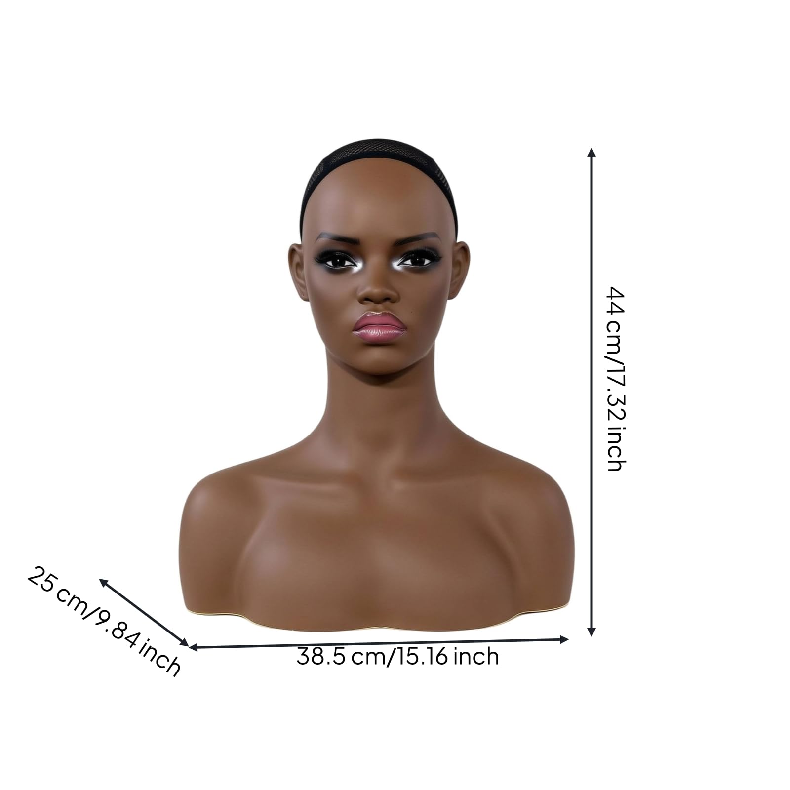 F Fityle Cabeza de Maniquí + Busto + Soporte + Expositor Figura Femenina Realista con Ojos y Pestañas Pintados Malla Negra en para Fijación Construcción