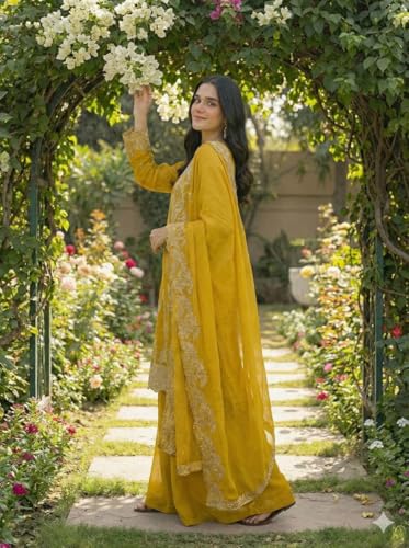 Image of Women's Embroidered Kurta Sharara Set with Dupatta | Festive Ethnic Wear Suit Set for Women | Full Sleeve Round Neck Traditional Outfit