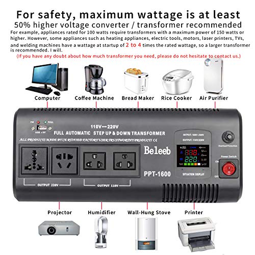 Beleeb 1500W Smart Auto Step Up & Step Down Voltage Converter Transformer 110 120 Volt to 220/240 Volt AC Automatic LED Display Asia Euro US (220V to 110V, 110V to 220V) PPT-1600