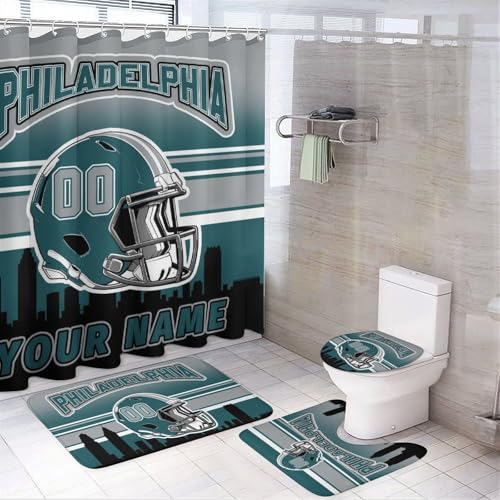 Custom 4PCS Philadelphia Shower Curtain Set for Bathroom Personalized Name and Number Shower Curtain Bath Mat Toilet Mats for Women Men Teenager Boys 72 Inch X 72 Inch