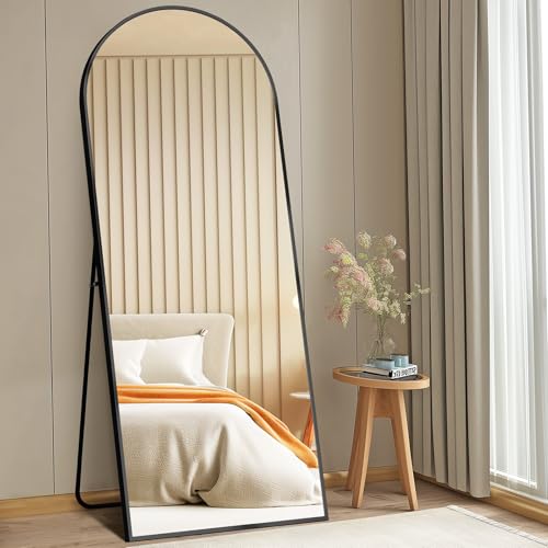 HAPPYMONT 68"x26" Arched Full Length Mirror, Full Body Mirror with Leaning or Standing, Floor Standing Aluminum Frame for Bedroom, Livingroom, Cloakroom, Black