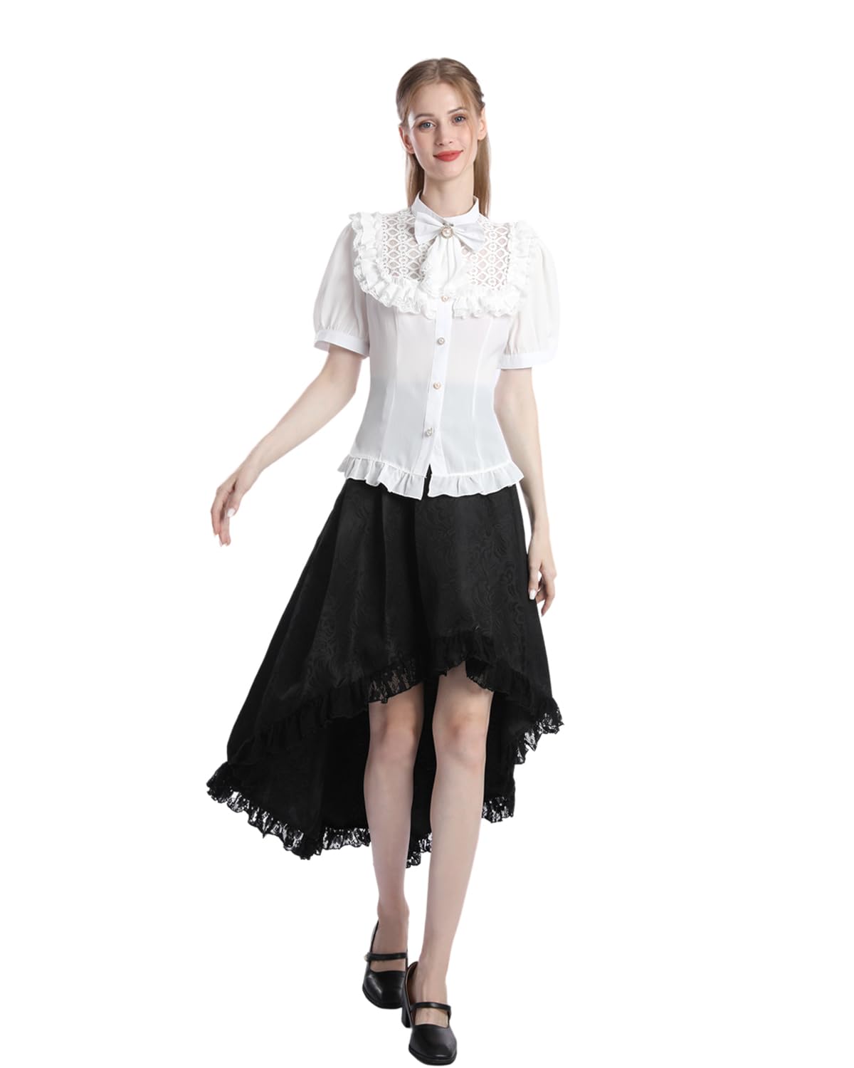 Fiamll Camicetta da donna vittoriana vintage con fiocco, colletto alto con volant a maniche lunghe, Bianco #4.