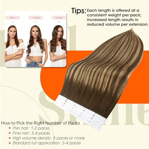Image of Full Shine Tape in Extensions Color 4 /24 /4 Balayage Brown And Blonde Tape in Hair Extensions Human Hair 18Inch Double Sided Adhesive Extension Invisible Skin Weft 100G 40Pcs