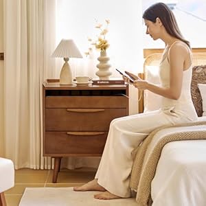 HULALA HOME Nightstand with Charging Station, Mid-Century Modern 2 Drawer and Open Shelf Bedside Tables, Wood Night Stand with USB Ports and Outlets for Bedroom Set of 2, Acorn HULALA HOME Nightstand with Charging Station Mid Century Modern 2 Drawer and Open Shelf Bedside Tables Wood Night Stand with USB Ports and Outlets for Bedroom Set of 2 Acorn