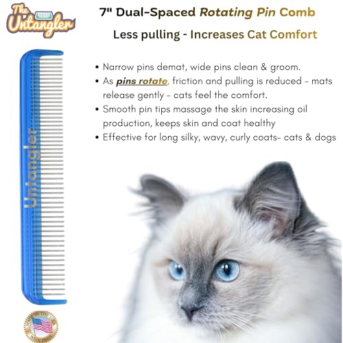 Image of Cat Comb - 7 inch Dual-Spaced Rotating Teeth Comb, Blue - Stimulates Natural Oil Production, Prevents Static Build Up, Made in USA, Vet Recommended, Hand Assembled