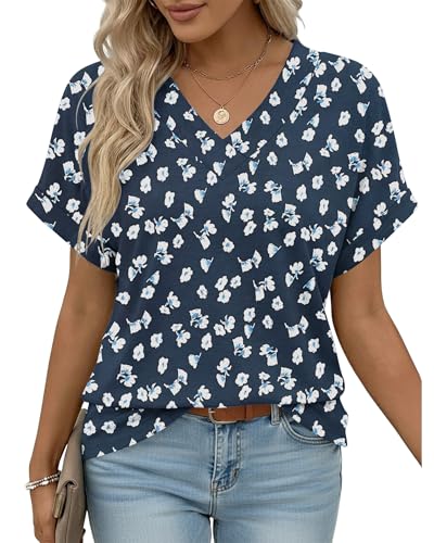 PLOKNRD Damen Lockere Passform V-Ausschnitt T-Shirt mit Rollärmeln Sommer Casual Tops Kurzarm Oberteile Marine Blumenmuster L FBA