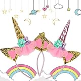 EL PAQUETE INCLUYE - 2 piezas de diademas de cuerno de unicornio en diferentes colores (dorado, rosa). Los colores brillantes pueden crear un ambiente de fiesta romántico y único, trayendo sorpresas y alegría.