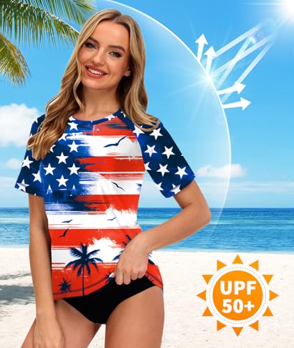 Image of AOBUTE Women Short Sleeve Rash Guard UPF 50+ Tropical Sun Protection Floral Swim Shirts