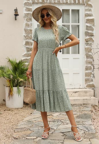 Image of NAVINS Womens Floral Print Modest Wedding Guest Midi Dress with Pockets | Puff sleeve tiered boho dress for summer, church, and vacations. Elastic waist, Below knee, hand or machine wash.
