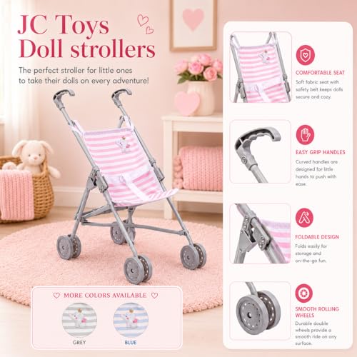 Image of JC Toys Boutique | Folding Umbrella Doll Stroller for Children 2 Years Plus, Grey Stripes and Soft Embroidery | Sturdy Metal Frame | Pretend Play with Dolls up to 18 inch Long | Seat Belt